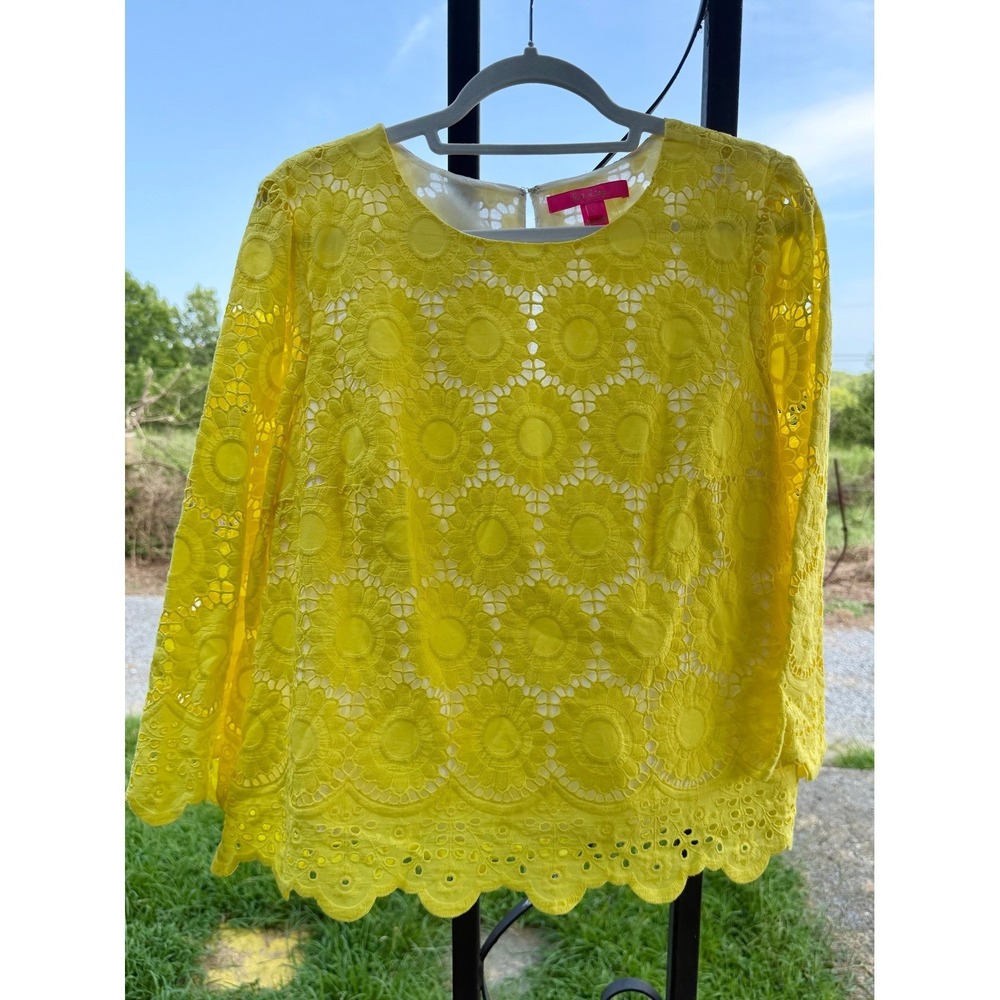 Lilly‎ Pulitzer Yellow Eyelet Lace Floral Sunburst Scalloped Hem Top Large